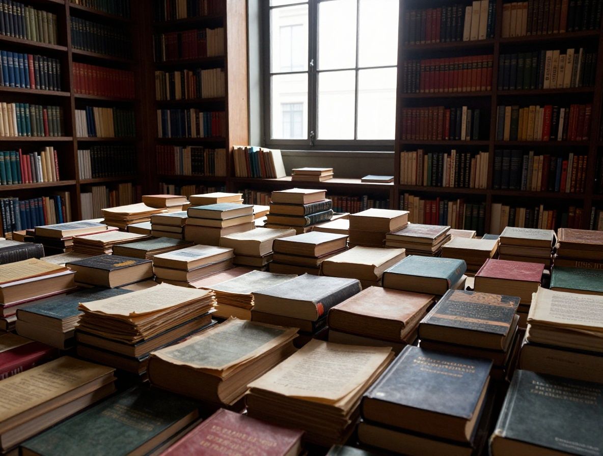 Bibliotheque moderne avec des etageres remplies de livres scientifiques et de parchemins anciens, avec une lumiere dramatique laterale traversant une fenetre et creant des ombres profondes sur les livres