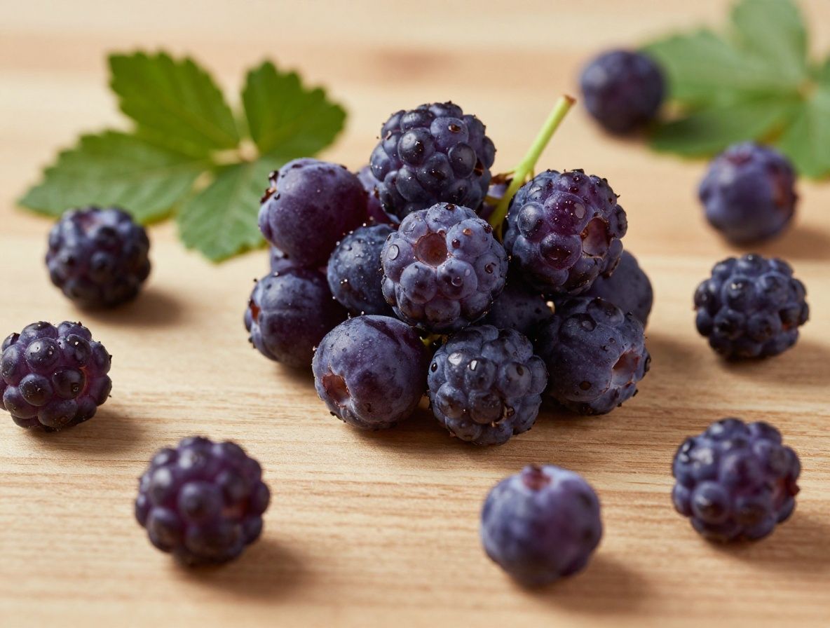 Composition artistique de fruits rouges et violets frais comme les myrtilles et framboises sur une surface en bois fonce avec des feuilles vertes, eclairage cinematographique lateral mettant en valeur les textures