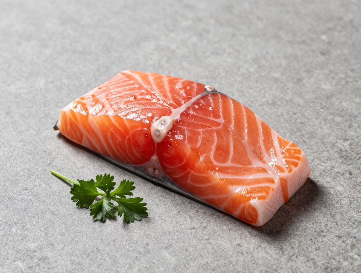 Composition gastronomique de saumon frais avec des citrons coupes et des herbes fraiches sur une surface en pierre grise foncee, eclairage cinematographique lateral crea des ombres dramatiques et des reflets dores