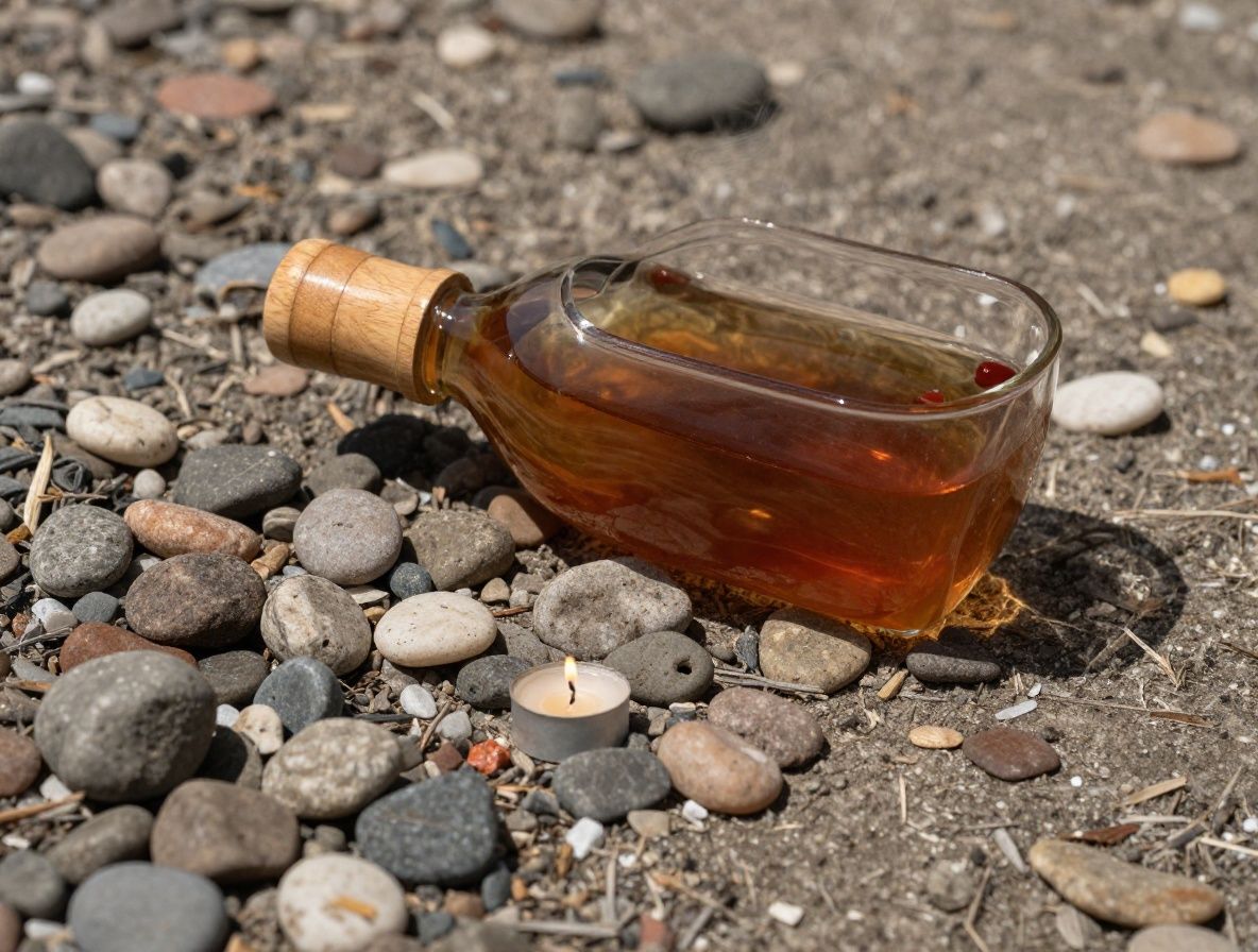Composition sereine d une tasse de tisane fumante pres d une bougie et de pierres lisses sur une surface naturelle, avec un eclairage chaud et doux evoquant le calme et la relaxation